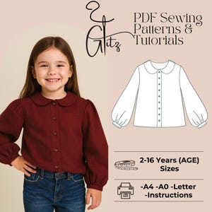 May include: A young girl wearing a burgundy button-down shirt with a Peter Pan collar and long sleeves, paired with blue jeans. The image includes text that reads "PDF Sewing Patterns & Tutorials" and details about sizes and instructions.