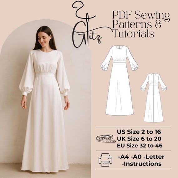 Maxi Dress Sewing Pattern, Long Puff Sleeve (PDF Pattern)