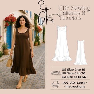 Op de afbeelding: Een vrouw draagt een bruine mouwloze jurk met een gefranjerde zoom. De afbeelding bevat een illustratie van een naaipatroon en de tekst "PDF Sewing Patterns & Tutorials". Maattabellen zijn inbegrepen, met EU-maten 32 tot 46.