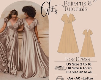 May include: Two women wearing long, flowing, gold-colored dresses. The dresses have a V-neckline and short sleeves. The image also includes a line drawing of the dress in two sizes, with the text "Roe Dress" and size information for US, UK, and EU sizes. The text "PDF Sewing Patterns & Tutorials" is also included.