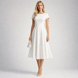 Puede incluir: Un vestido midi blanco con mangas cortas y cuello barco. El vestido presenta un corpiño ajustado y una falda acampanada. Se sostiene un pequeño bolso de mano blanco. La modelo lleva tacones color nude.
