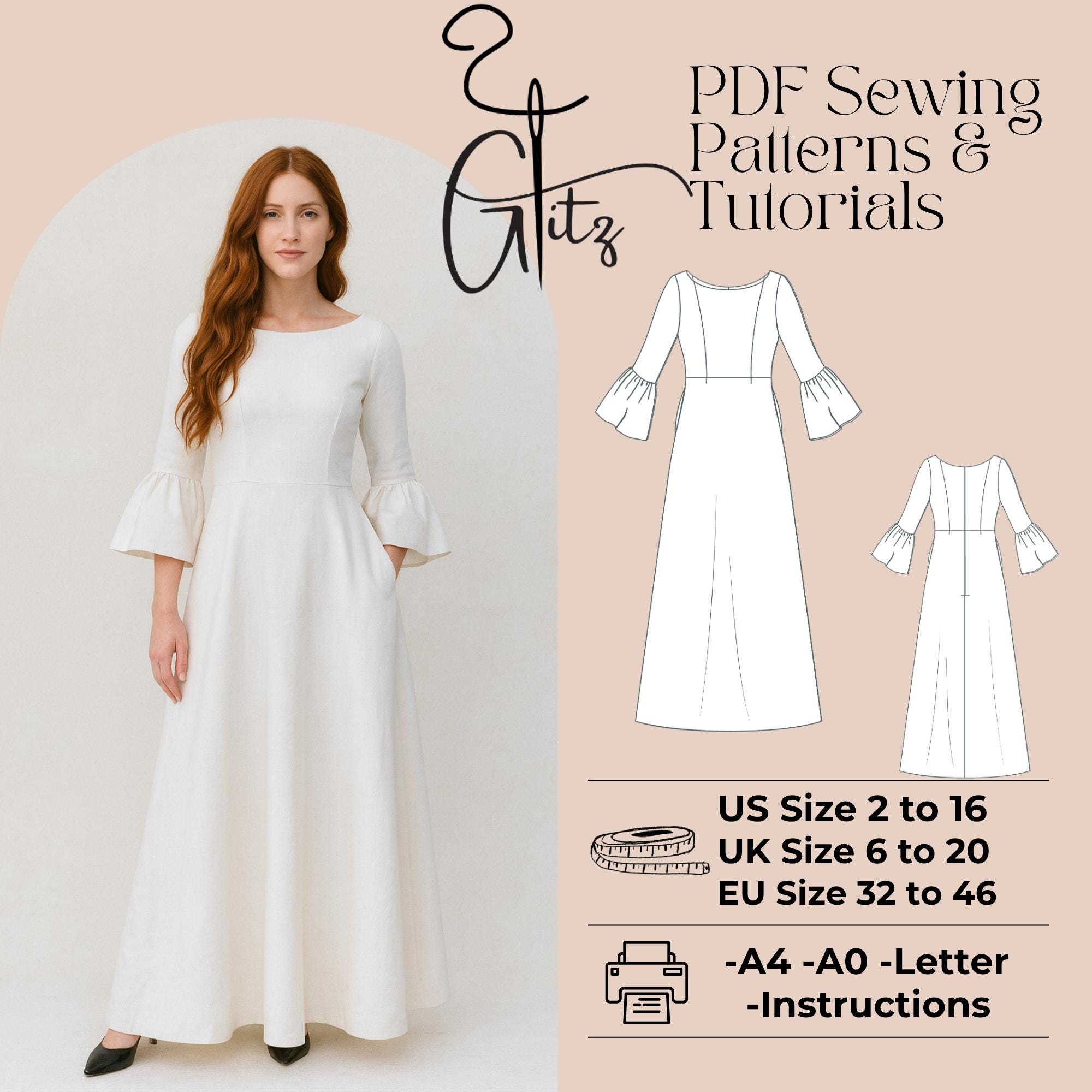 Flared Sleeve Evening Dress Sewing Pattern (PDF Pattern) - Etsy Canada