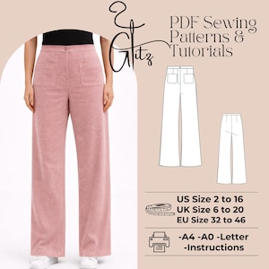 以下が含まれることがあります： フロントポケット付きのペールピンクのワイドパンツ。画像にはパンツの図と「PDF Sewing Patterns & Tutorials」というテキストも含まれています。サイズ範囲：US 2～16、UK 6～20、EU 32～46。A4、A0、Letterの説明書が含まれています。