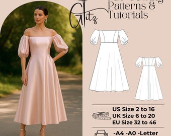 Off Shoulder Ball Gown Sewing Pattern: Puff Sleeve Dress (PDF Pattern)