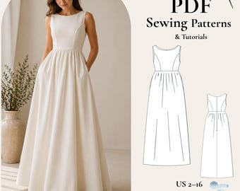Maxi Dress Sewing Pattern: Sleeveless Boat Neck, Boho Style (PDF Pattern)
