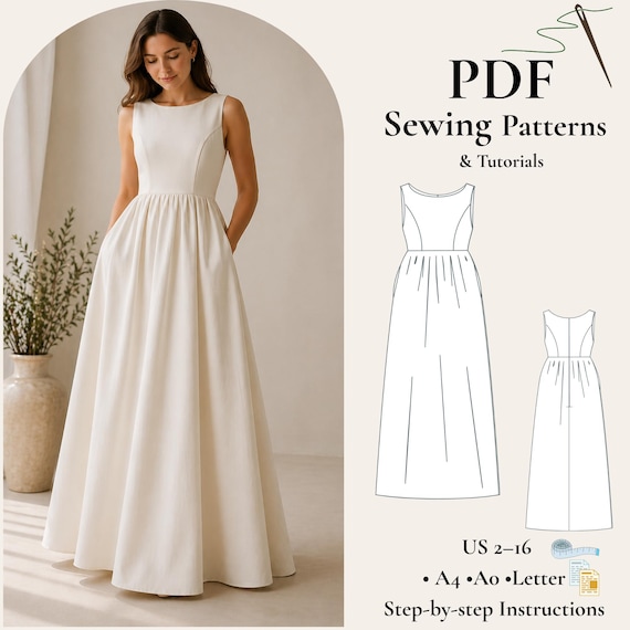 maxi dress sewing pattern Raman PDF neck silhouette with variable sleeve and ruffle options  a versatile style with free Maxi Dress Sewing PDF Pattern