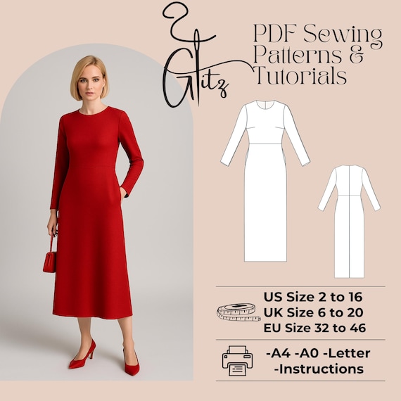 Long Sleeve Midi Dress Sewing Pattern (PDF) - Etsy UK