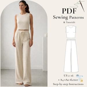 May include: A woman models a cream-colored sleeveless crop top and wide-leg pants. The image also features a PDF sewing pattern with the text "PDF Sewing Patterns & Tutorials" and size range US 2-16. Includes A4, Ao, and Letter step-by-step instructions.