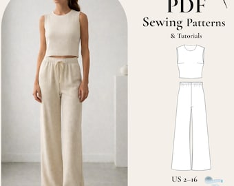 May include: A woman models a cream-colored sleeveless crop top and wide-leg pants. The image also features a PDF sewing pattern with the text "PDF Sewing Patterns & Tutorials" and size range US 2-16. Includes A4, Ao, and Letter step-by-step instructions.