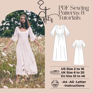 May include: A digital sewing pattern for a white maxi dress with puff sleeves. The pattern includes instructions and is available in sizes UK 6 to 20, US 2 to 16, and EU 32 to 46. The pattern can be printed on A4, A0, or Letter size paper.