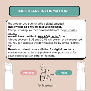K&ouml;nnte beinhalten: Eine Informationsseite f&uuml;r ein digitales Produkt mit rosa Hintergrund. Der Text lautet "WICHTIGE INFORMATIONEN!" und erkl&auml;rt, dass das Produkt ein digitaler Download ist und es keine physische Produktsendung gibt. Der Text besagt auch, dass die Dateien in den Gr&ouml;&szlig;en A4, AO und Letter verf&uuml;gbar sind. Die Seite besagt auch, dass es keine R&uuml;ckerstattungen oder Stornierungen f&uuml;r digitale Produkte gibt. Die Seite enth&auml;lt eine Grafik eines Kleides und den Text "Zur&uuml;ck" und "Weiter".