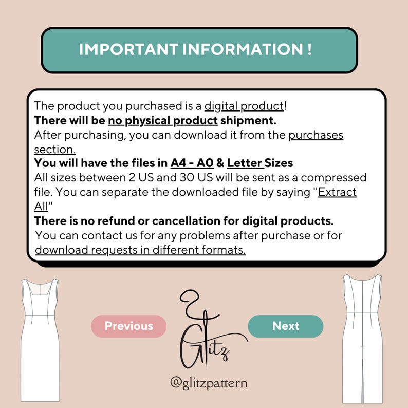 K&ouml;nnte beinhalten: Eine Informationsseite f&uuml;r ein digitales Produkt mit rosa Hintergrund. Der Text lautet "WICHTIGE INFORMATIONEN!" und erkl&auml;rt, dass das Produkt ein digitaler Download ist und es keine physische Produktsendung gibt. Der Text besagt auch, dass die Dateien in den Gr&ouml;&szlig;en A4, AO und Letter verf&uuml;gbar sind. Die Seite besagt auch, dass es keine R&uuml;ckerstattungen oder Stornierungen f&uuml;r digitale Produkte gibt. Die Seite enth&auml;lt eine Grafik eines Kleides und den Text "Zur&uuml;ck" und "Weiter".