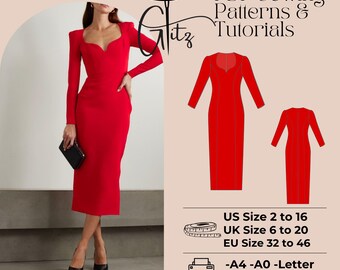 Könnte beinhalten: Ein Schnittmuster für ein rotes Kleid mit Herz-Ausschnitt und langen Ärmeln. Das Schnittmuster enthält Anleitungen und ist in den Größen US 2 bis 16, UK 6 bis 20 und EU 32 bis 46 erhältlich. Das Schnittmuster kann in den Formaten A4, A0 oder Letter gedruckt werden.