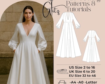 long sleeve v neck dress pattern V Neck Long Sleeve Dress Sewing Pattern | Midi Dress | Easy Beginner Pattern + Easy Illustrated Tutorial | XXS - XXXL | A0, A4 & Us-letter