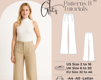 Linen Wide Leg Pants Sewing Pattern, High Waist Trousers (PDF Pattern)