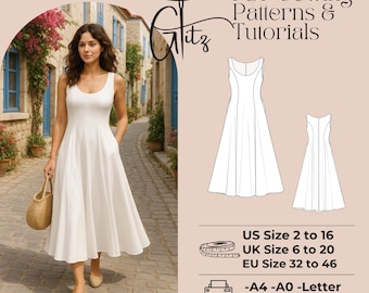 Patrón de costura para vestido circular sin mangas, largo hasta el tobillo (patrón PDF) US 2-30