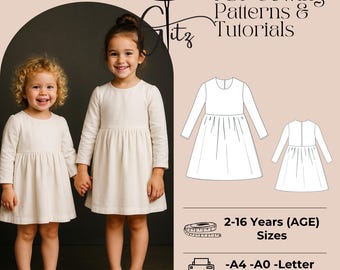 May include: Two young girls wearing cream-colored long-sleeve dresses, holding hands, smiling. The image includes a dress pattern illustration and text: "PDF Sewing Patterns & Tutorials", "2-16 Years (AGE) Sizes", and "-A4 -A0 -Letter -Instructions".