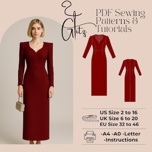 May include: A PDF sewing pattern and tutorial for a long, burgundy dress with a V-neckline. The pattern includes sizes US 2 to 16, UK 6 to 20, and EU 32 to 46. The pattern is available in A4, A0, and Letter sizes. The pattern also includes instructions.