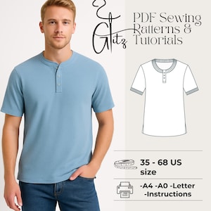 May include: A light blue Henley shirt with short sleeves and three buttons. The image includes a diagram of the shirt, a measuring tape, and text that reads "PDF Sewing Patterns & Tutorials" and "35-68 US size".