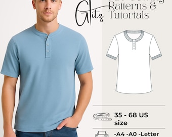Mens Henley T Shirt Sewing Pattern PDF, Short Sleeve Casual Tee Pattern, Button Neck Shirt Pattern, Easy Sewing Pattern, Men Top