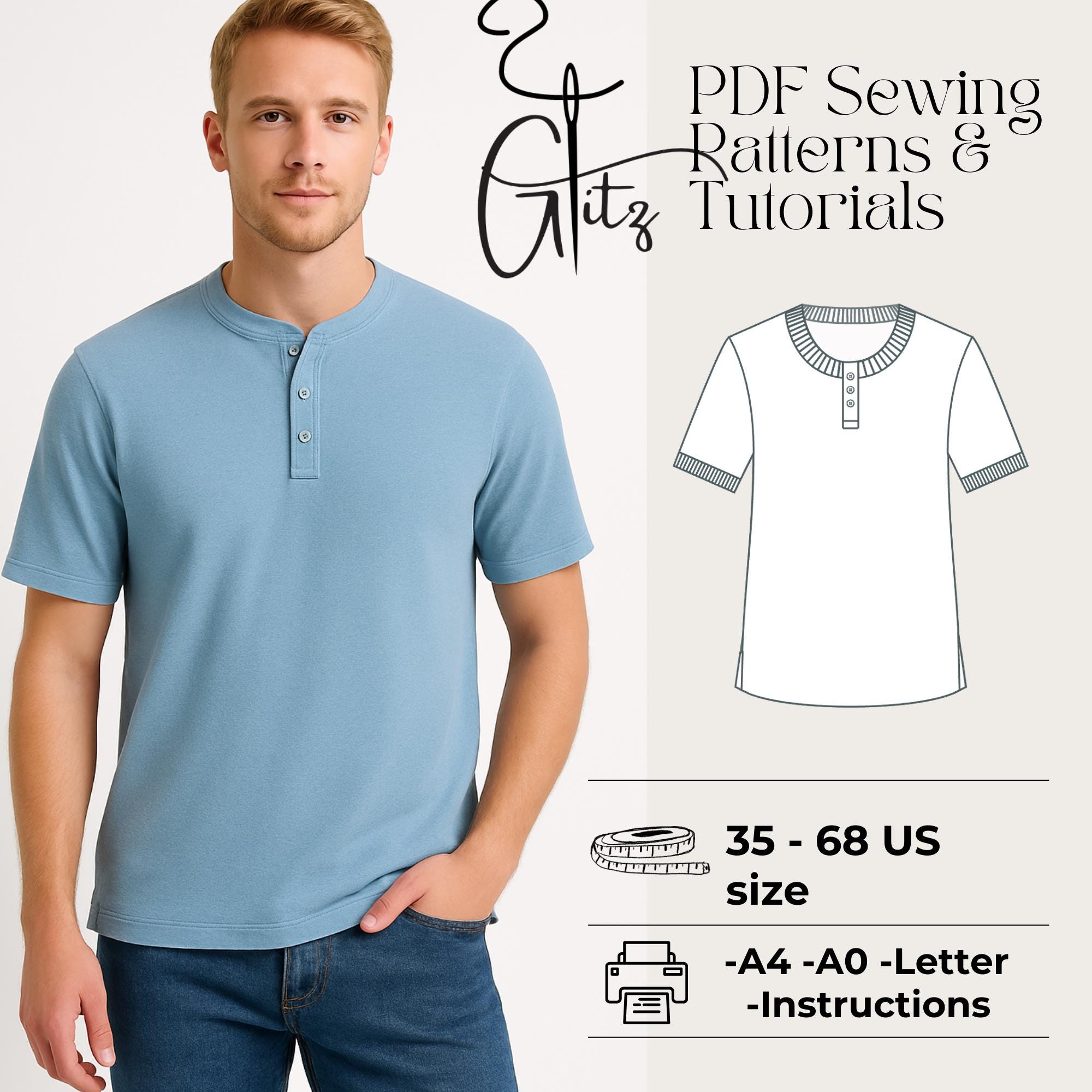 Mens Henley T Shirt Sewing Pattern PDF, Short Sleeve Casual Tee