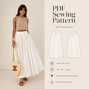 Patrón de costura de falda larga Clara, fácil patrón digital en PDF para tallas grandes