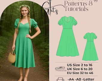 Puff Sleeve Sweetheart Midi Dress Sewing Pattern (PDF)