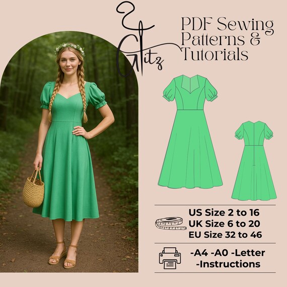 Puff Sleeve Sweetheart Midi Dress Sewing Pattern (PDF) - Etsy