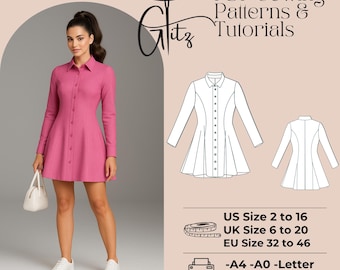 Ausgestelltes Mini-Shirt Kleid Schnittmuster (pdf-Muster, Größen US 2-30 / EU 32-60 / XS-5XL)