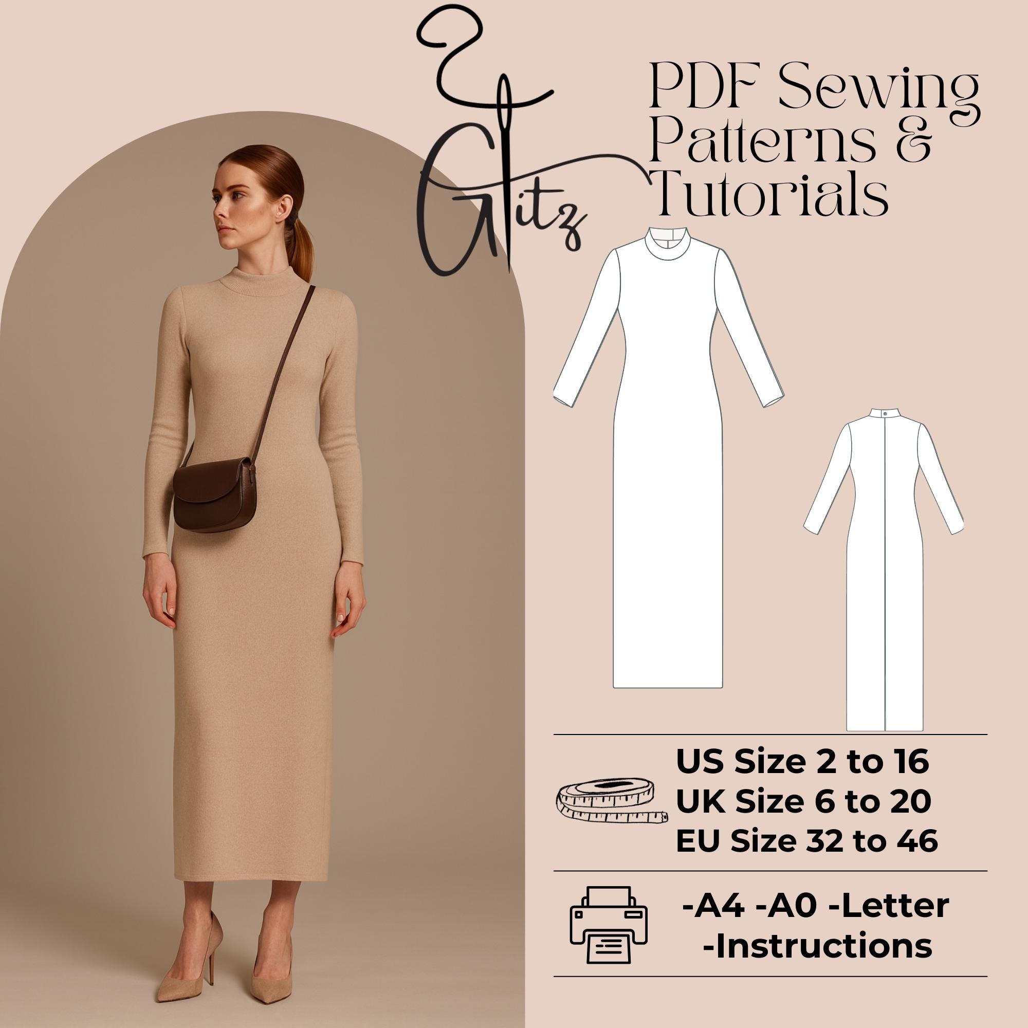 Bodycon Dress Sewing Pattern, Long Sleeve Casual Design (PDF Pattern) - Etsy Bodycon Dress Sewing Pattern, Long Sleeve Casual Design (PDF Pattern) - Etsy