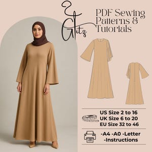 May include: A woman wearing a tan maxi dress with wide sleeves and a matching head covering. The image includes a dress pattern illustration and text that reads "PDF Sewing Patterns & Tutorials." Size ranges are listed for US, UK, and EU sizes.