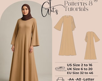 Flared Sleeve Maxi Dress Sewing Pattern, Modest Abaya (PDF Pattern)