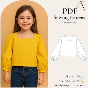 May include: A girl in a yellow square-neck blouse and blue jeans. The image includes a PDF sewing pattern with the text "PDF Sewing Patterns & Tutorials" and size information "US 2-16".