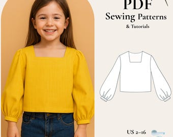 Girls Puff Sleeve Blouse Sewing Pattern, Square Neck Top (PDF Pattern)