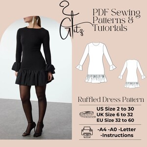 Pode incluir: Um padrão de costura para um vestido preto com babados com um contorno branco do vestido sobre um fundo rosa. O texto "PDF Sewing Patterns & Tutorials" está na parte superior da imagem. O texto "Ruffled Dress Pattern" está abaixo do contorno do vestido. O texto "US Size 2 to 30, UK Size 6 to 32, EU Size 32 to 60" está abaixo do texto "Ruffled Dress Pattern". O texto "-A4-A0-Letter -Instructions" está abaixo das informações de tamanho.