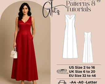 V Neck Satin Long Evening Dress Sewing Pattern Ball Gown Bridal Gown