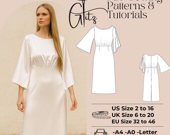 Loose Fit Midi Dress Sewing Pattern PDF, Minimalist Dress Pattern, Flowy Sleeve Dress, Modest Dress PDF, Elegant Dress, US 2-16