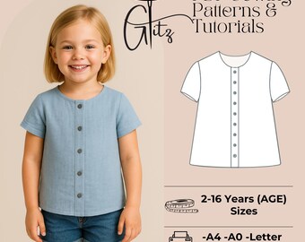 Kids Button Front Top Muster | Kleinkind Mädchen Kurzarm Bluse Schnittmuster | Einfacher Anfänger PDF Digitaler Download
