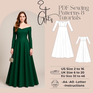 Könnte beinhalten: Ein PDF-Schnittmuster und Tutorial für ein grünes, schulterfreies Maxikleid mit langen Ärmeln. Das Schnittmuster umfasst die Größen US 2 bis 16, UK 6 bis 20 und EU 32 bis 46. Das Schnittmuster ist in den Größen A4, A0 und Letter erhältlich. Anleitungen sind enthalten.