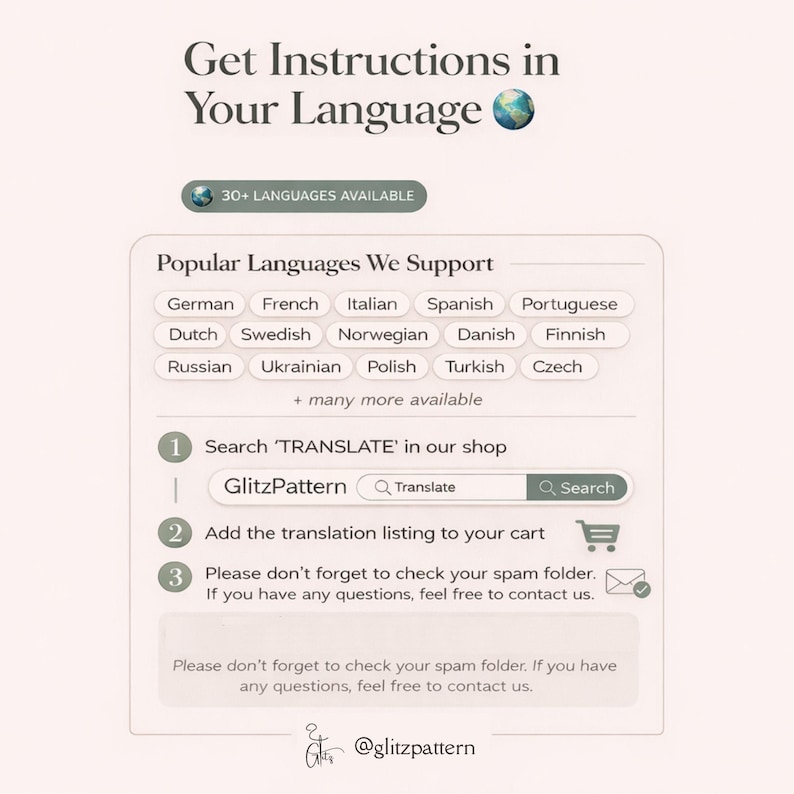 以下が含まれることがあります： 「Get Instructions in Your Language」というテキストと地球のアイコンが入った、明るいベージュ色のグラフィック。ドイツ語、フランス語、スペイン語など、人気の言語がリストされています。「TRANSLATE」をショップで検索するための手順が記載されています。