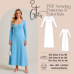Puede incluir: Un vestido azul claro de manga larga con cuello redondo. La imagen muestra a una mujer con el vestido, diagramas de patrones de costura y el texto "PDF Sewing Patterns & Tutorials". El vestido está disponible en tallas EU 32 a 46.