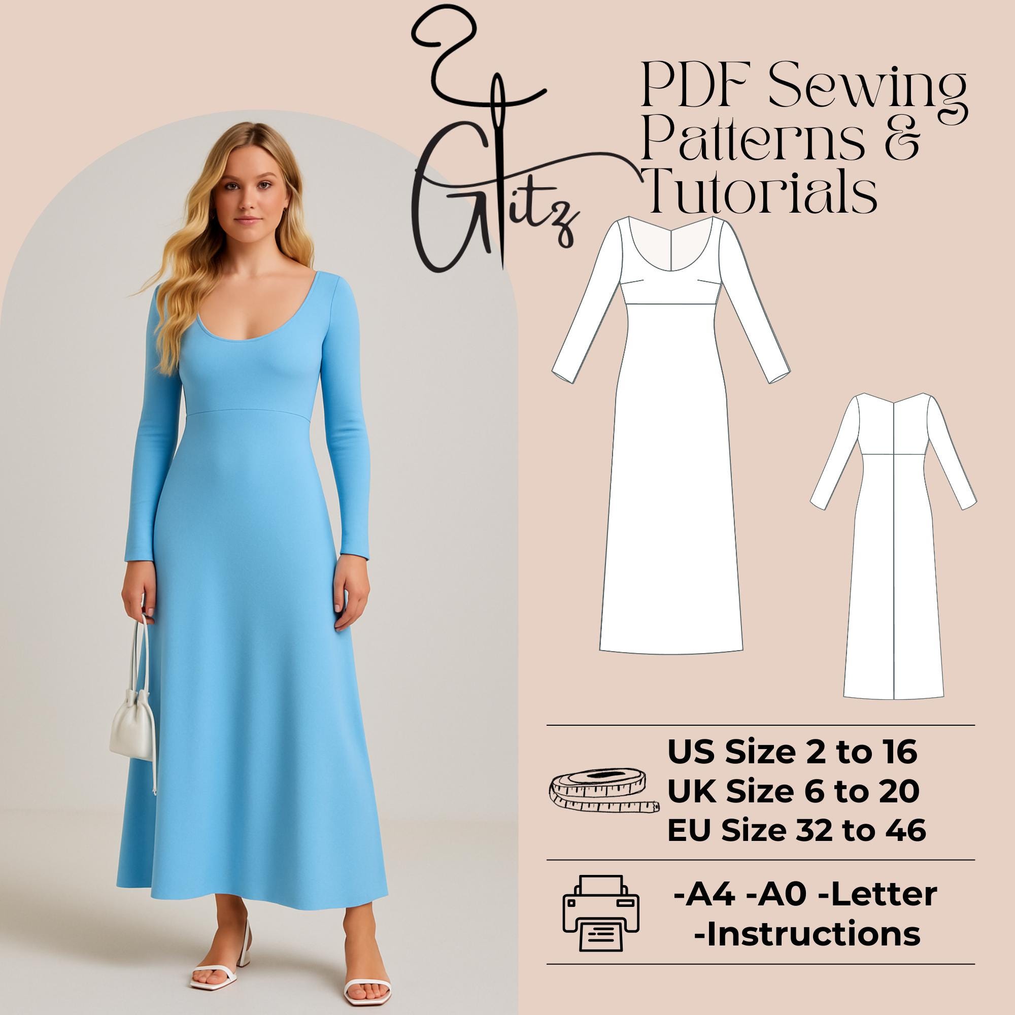 Long Sleeve Dress Sewing Pattern, Wide Collar (US 2-30) (PDF Pattern) - Etsy