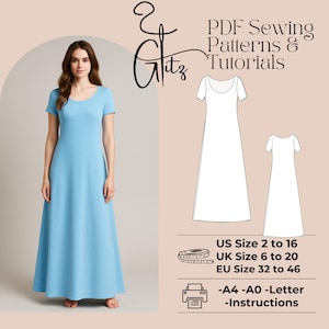 May include: A PDF sewing pattern and tutorial for a maxi dress. The pattern includes sizes UK 6 to 20, US 2 to 16, and EU 32 to 46. The pattern is available in A4, A0, and Letter sizes. The pattern also includes instructions.