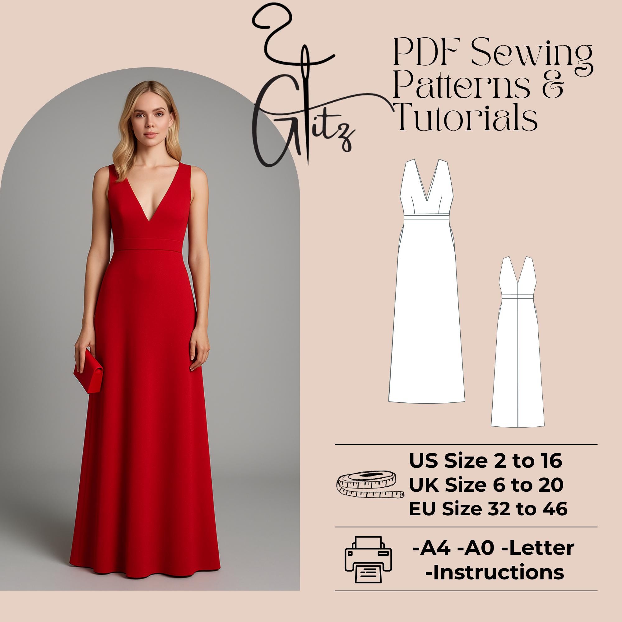 Deep V Neck Maxi Dress Sewing Pattern PDF, Elegant Evening Gown Pattern, Sleeveless Dress, Formal Dress PDF, US 2-16, Instant Download - Etsy Deep V Neck Maxi Dress Sewing Pattern PDF, Elegant Evening Gown Pattern, Sleeveless Dress, Formal Dress PDF, US 2-16, Instant Download - Etsy