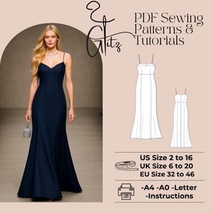 Puede incluir: Un patrón de costura PDF y un tutorial para un vestido largo, sin mangas, con cuello en V, un corpiño ajustado y una falda fluida. El patrón está disponible en las tallas US 2 a 16, UK 6 a 20 y EU 32 a 46. El patrón se puede imprimir en papel A4, A0 o Letter.