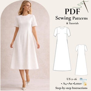 Può includere: Una donna indossa un abito midi bianco con maniche corte. L'abito ha un design semplice ed elegante. L'immagine include anche un modello di cucito PDF con il testo "PDF Sewing Patterns & Tutorials" e informazioni sulle taglie.