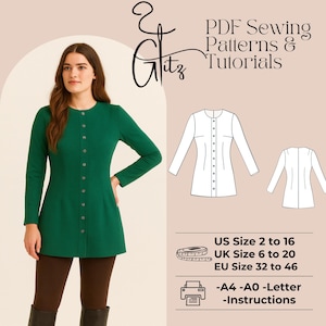 May include: A woman wearing a long-sleeved, emerald green tunic with a button-up front. The image includes a line drawing of the tunic and text that reads "PDF Sewing Patterns & Tutorials" and size information for US, UK, and EU sizes.