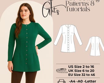Button Front Tunic Sewing Pattern | Fitted Knit Dress Top (PDF Pattern)