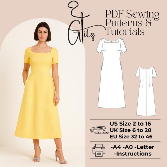 Cottagecore Midi Dress Sewing Pattern, Square Neck (PDF Pattern) - Etsy