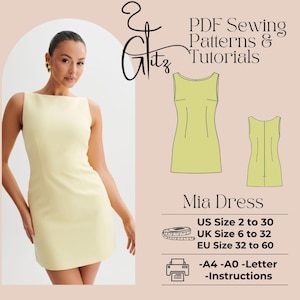 以下が含まれることがあります： 淡い黄色のノースリーブミニドレスを着た女性。画像にはドレスの図、テキスト「Mia Dress」、米国、英国、EUのサイズチャートが含まれています。「PDF Sewing Patterns & Tutorials」というテキストも表示されています。